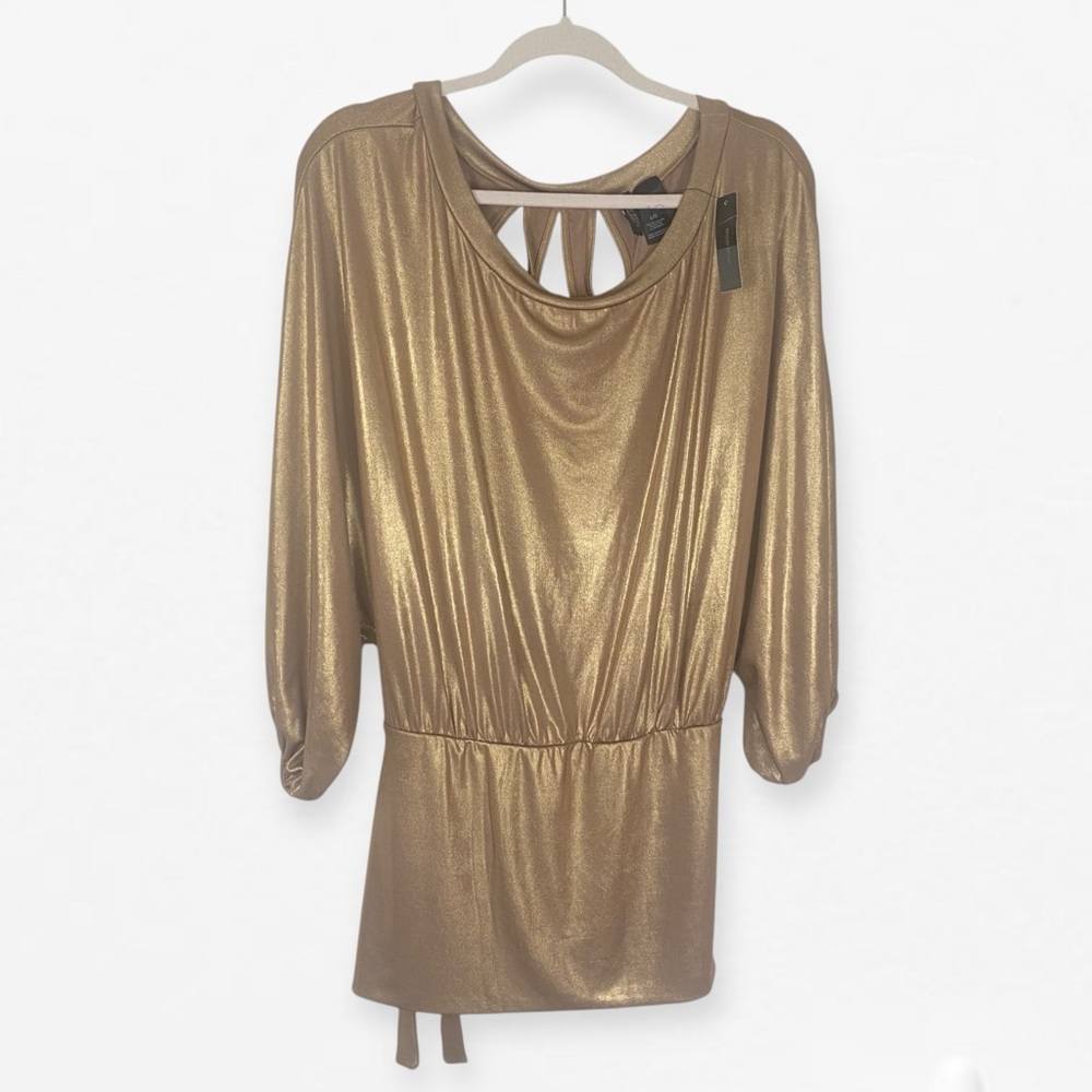 Bisou Bisou Elegant Metallic Gold tie waist Women's Top blouse L - Picture 6 of 7